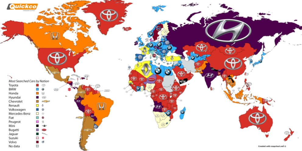 海外 日本勢強すぎだろw 各国で最も検索された自動車メーカーを示した世界地図 カナダはいつのまにかホンダに支配されてたのか これ見て